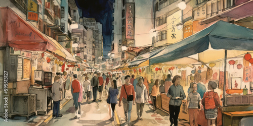  Hong Kong, Hong Kong, night market , watercolour collage, generated by ai © Creation    Art