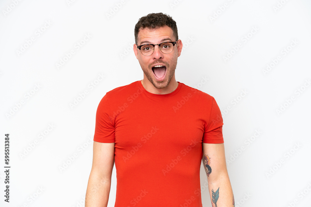 Young caucasian handsome man isolated on white background with surprise facial expression Young caucasian handsome man isolated on white background with surprise facial expression