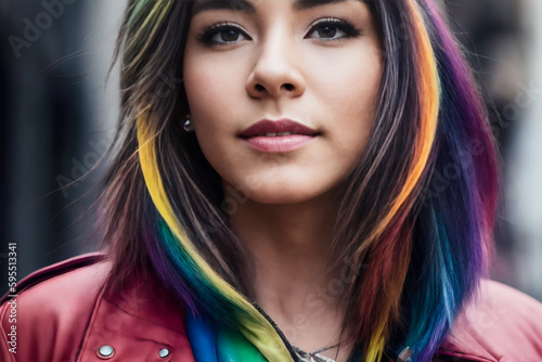 Smiling happy healthy woman with long multicolored rainbow-colored hair. Travel concept. Generative AI