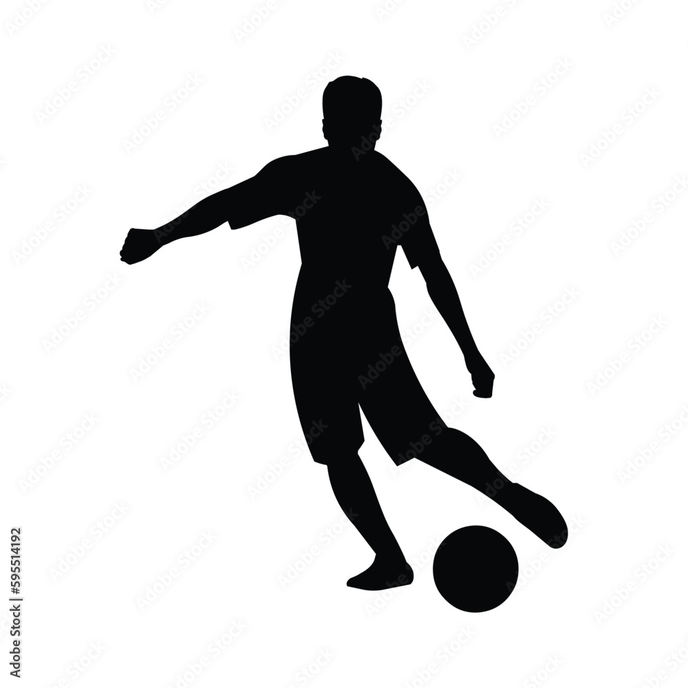 Football player black silhouette dribbling the ball on the field Football player black silhouette dribbling the ball on the field