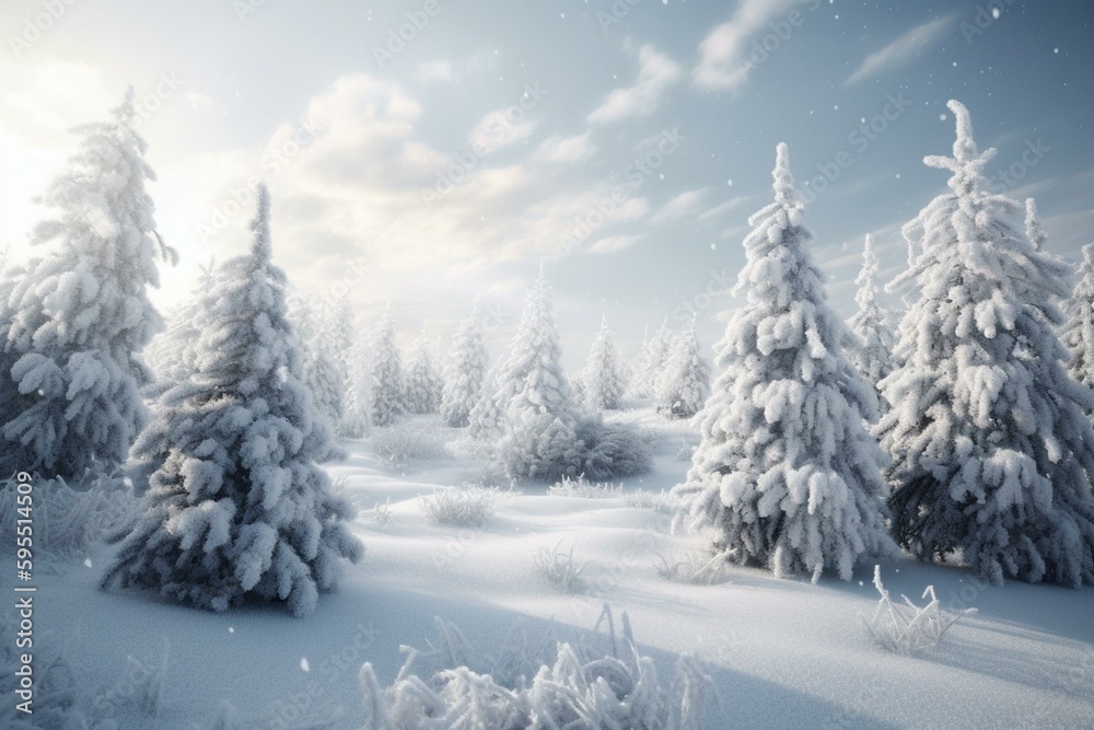 3D rendition of snowy day with Christmas trees. Generative AI
