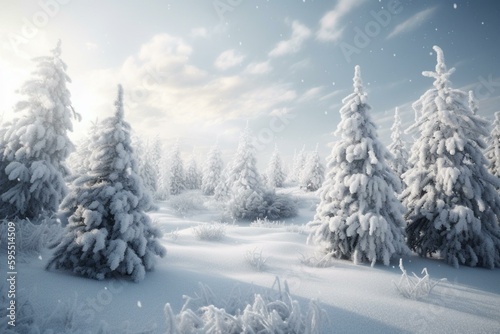 3D rendition of snowy day with Christmas trees. Generative AI © Milana