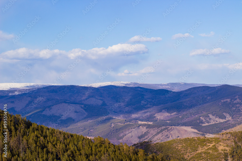 Aerial view of scenic mountains and valleys in spring from mountain peak
