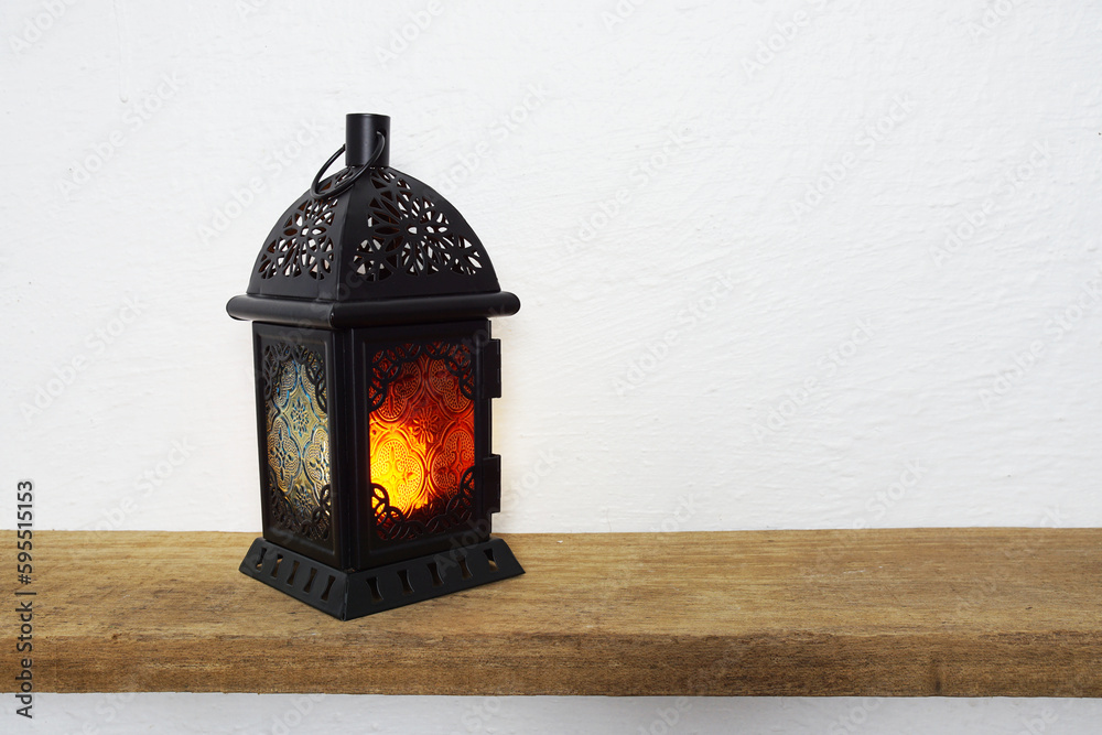 Ramadan Lantern Arabic decoration on wooden shelves Ramadan Lantern Arabic decoration on wooden shelves