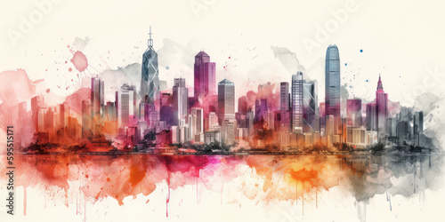  Hong Kong, Victoria Harbor skyline, watercolour collage, generated by artificial intelligence
 photo