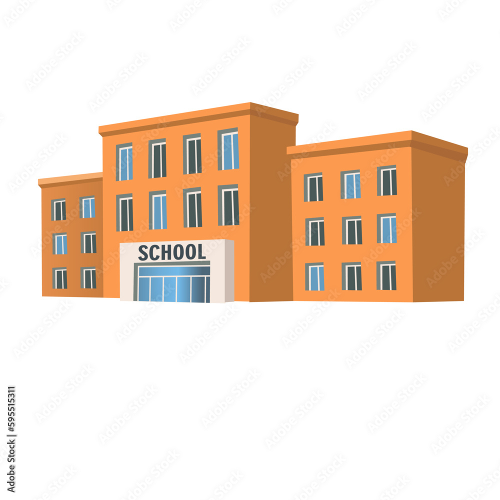 School building in perspective. In flat cartoon style