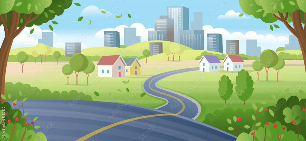 Suburb houses with road and city buildings on skyline in summer. Landscape with winding road, suburban houses and skyscrapers on the horizon.village, beautiful nature, clean air.  Vector cartoon style