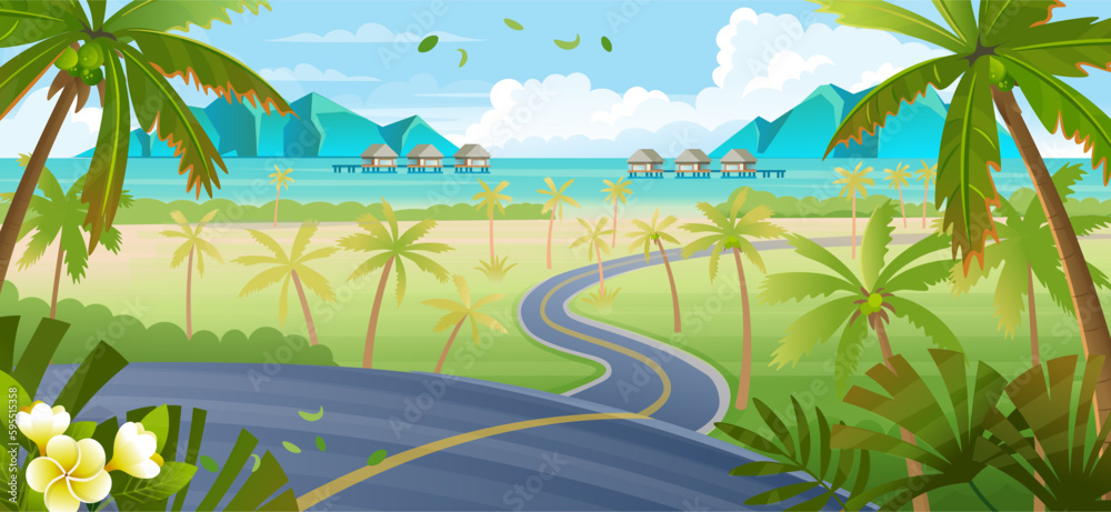  Landscape with winding beach road.  road with palm trees and flowers. Сartoon vector background