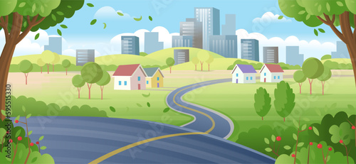 Suburb houses with road and city buildings on skyline in summer. Landscape with winding road, suburban houses and skyscrapers on the horizon.village, beautiful nature, clean air. Vector cartoon style