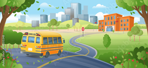 Yellow school bus on the way to school.  Back to school. Road to school. Cartoon vector illustration. LONG BANNER