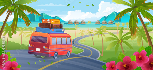Suburb houses with road and city buildings on skyline in summer. Landscape with winding road, suburban houses and skyscrapers on the horizon.village, beautiful nature, clean air.  Vector cartoon style