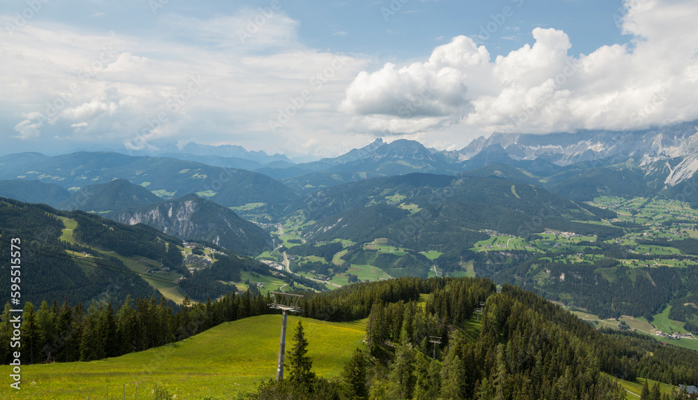 alpine summer view on meadows, forest and mountains from Hochwurzen mountain summit. austria. alpine summer view on meadows, forest and mountains from Hochwurzen mountain summit. austria.