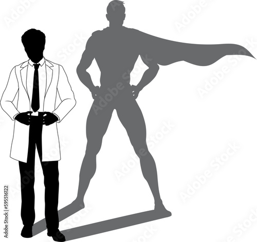 A superhero male scientist, engineer, doctor or teacher in a lab white coat man. Revealed by his shadow silhouette as a super hero in a cape.