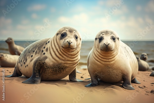 Freundliche Seehunde am Strand. Eine lebhafte Sandbank mit Robben, wie an der Nordsee an einem Sommertag. Generativ KI 