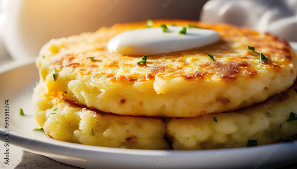 Mash potato pancakes. Simple pan fried potato pancake. Vegetable fritters. AI Generated.