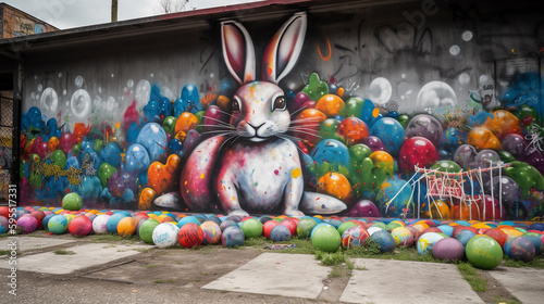 Depiction of easter bunny with colorful easter eggs on a graffiti wall. Generative AI.