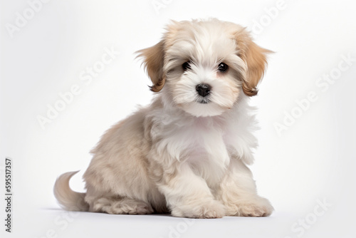 Portrait of Beautiful happy havanese puppy dog on the white background with copy space. High quality photo