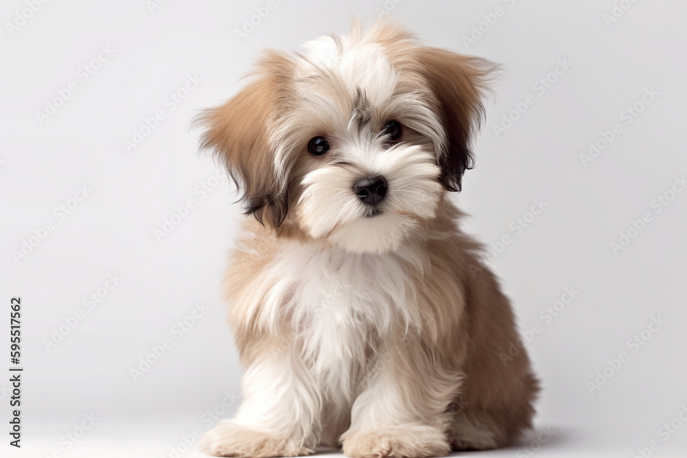 Portrait of Beautiful happy havanese puppy dog on the white background with copy space. High quality photo