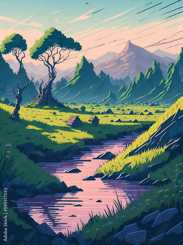 River fieald cartoon landscape. AI generated illustration