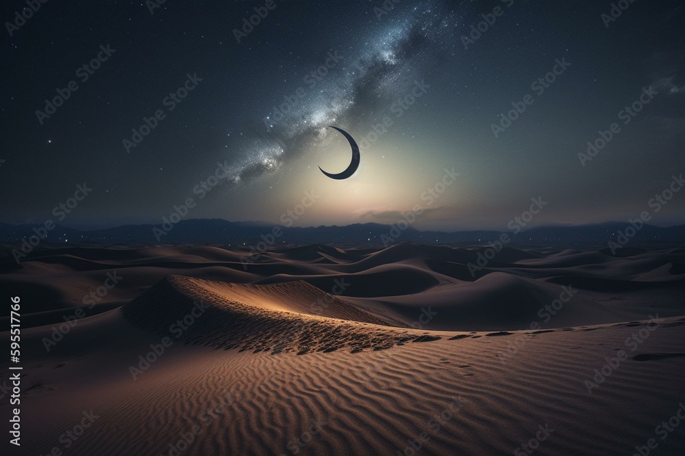 Islamic crescent moon adorned with starlights on sand dune. Religious