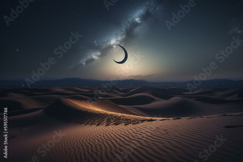 Islamic crescent moon adorned with starlights on sand dune. Religious motif. Generative AI
