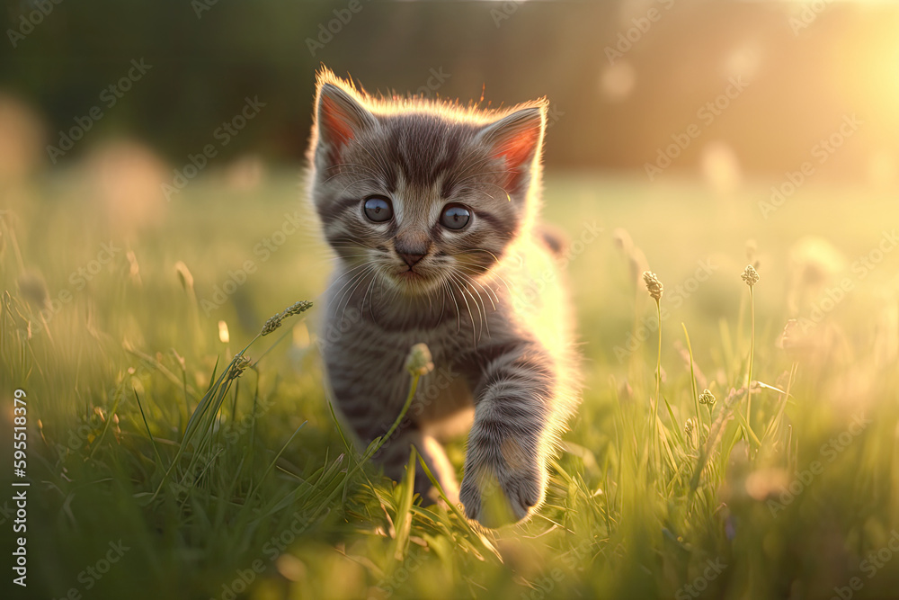 little kitten with big eyes running towards camera on grass, sunset light