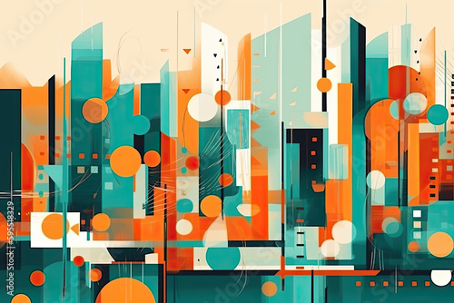 Abstract pattern art of a city skyline, teal and orange colors