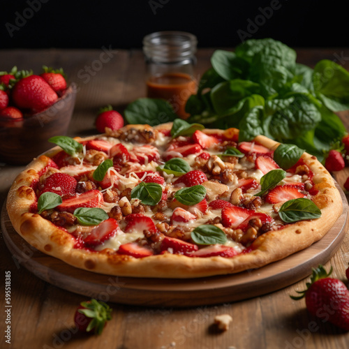 Pizza with strawberries, walnuts, mint, and cheese.
