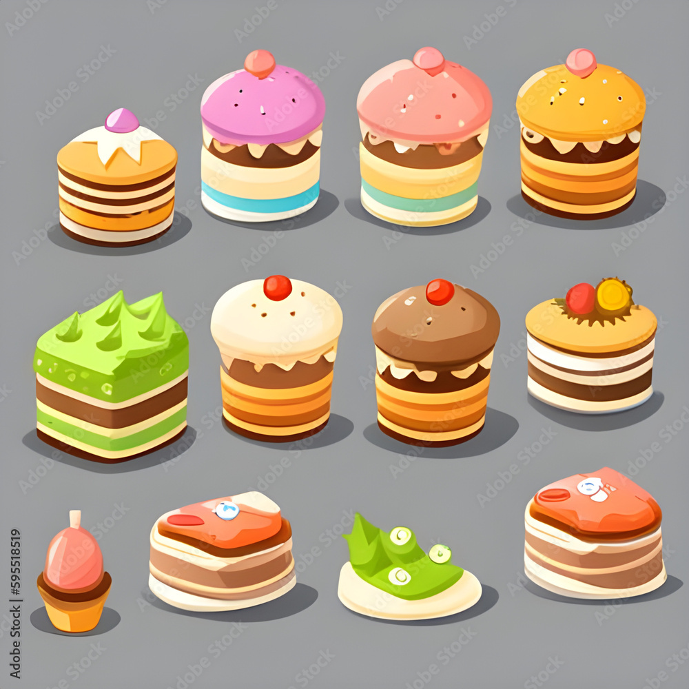 bakery and cakes cartoon set. Generative AI. bakery and cakes cartoon set. Generative AI.