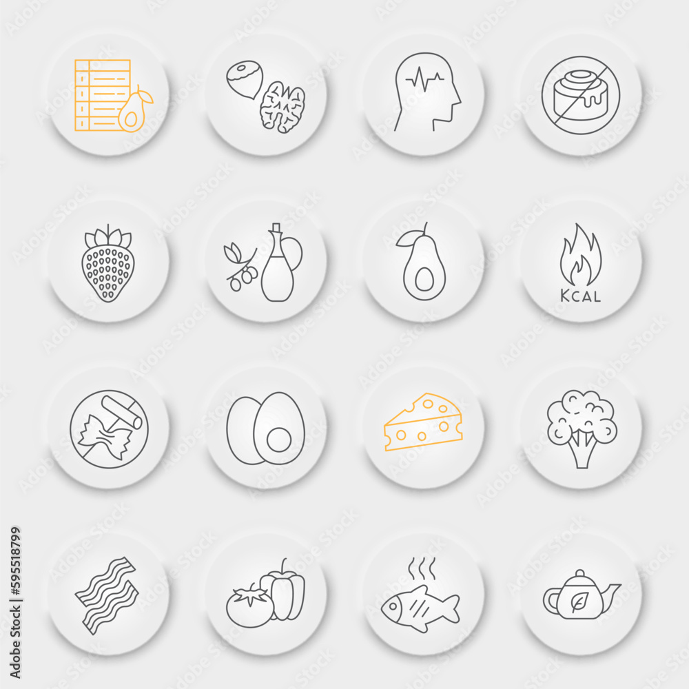 Keto diet line icon set, ketogenic symbols collection, vector sketches, neumorphic UI UX buttons, ketogenic diet icons, food signs linear pictograms, editable stroke