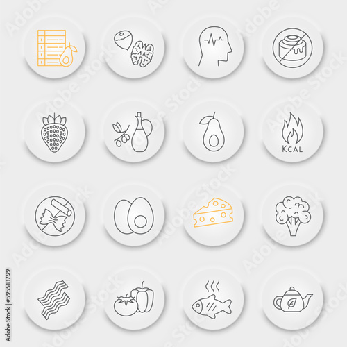 Keto diet line icon set, ketogenic symbols collection, vector sketches, neumorphic UI UX buttons, ketogenic diet icons, food signs linear pictograms, editable stroke