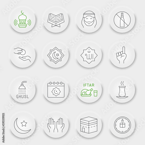 Ramadan line icon set, islamic holiday symbols collection, vector sketches, neumorphic UI UX buttons, islam icons, muslim day signs linear pictograms