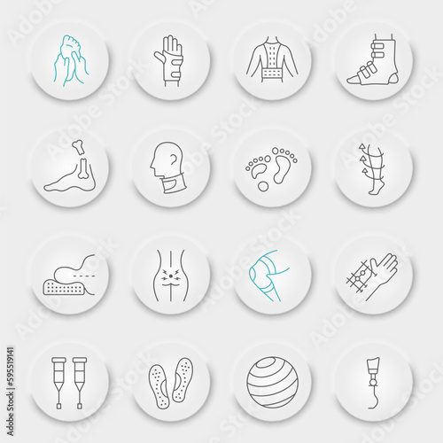 Rehabilitation line icon set, therapy symbols collection, vector sketches, neumorphic UI UX buttons, physiotherapy signs linear pictograms