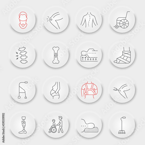 Rehabilitation line icon set, therapy symbols collection, vector sketches, neumorphic UI UX buttons, physiotherapy signs linear pictograms