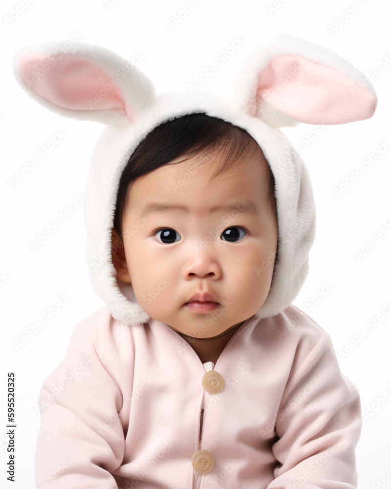 Asian toddler wearing fluffy plush bunny ears. Easter baby isolated on white background Asian toddler wearing fluffy plush bunny ears. Easter baby isolated on white background