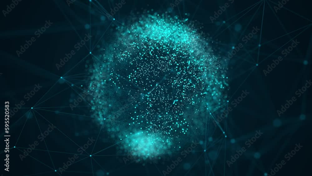 Virtual planet Earth with particles and lines. Network connection big data. Animation of nuclear and atomic explosion of the planet. Abstract technology blue background. 3D rendering.