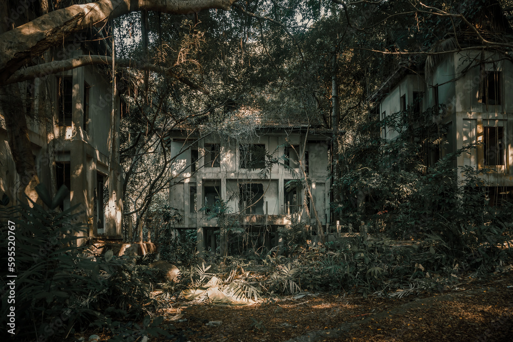 Old abandoned stone house in the jungle. Concrete gloomy abandoned house. Green trees. Dark jungle.