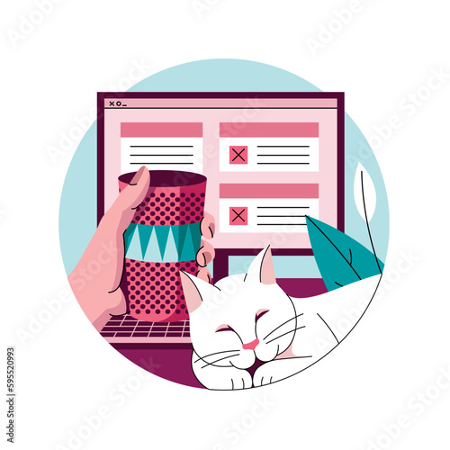 Vector illustration. Cozy working atmosphere with a cat and a cup of hot drink. Illustration for social networks, applications and websites.