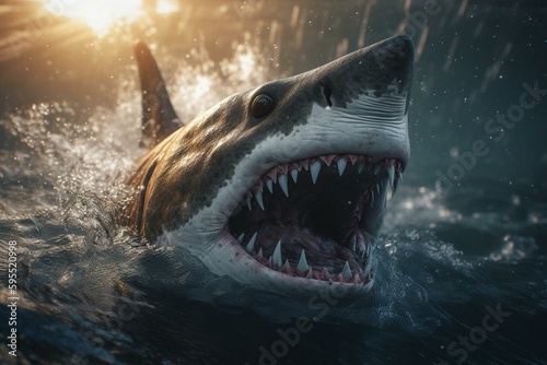 3D rendered image of a shark attack. Generative AI
