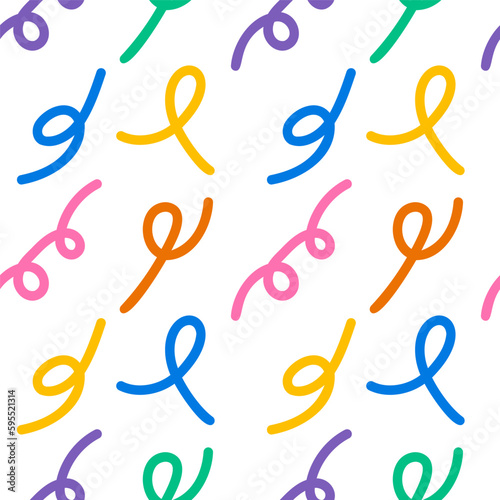Squiggle seamless pattern with colorful curly lines. Childish doodle print with streamers. Fun abstract scribble background. Vector illustration for textile, packaging