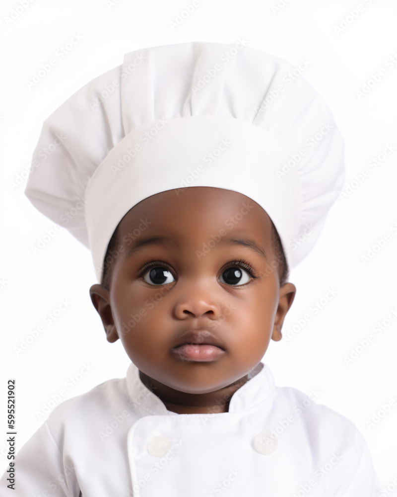 Cute Black, African American Toddler Wearing Chef Hat Against White Background Cute Black, African American Toddler Wearing Chef Hat Against White Background