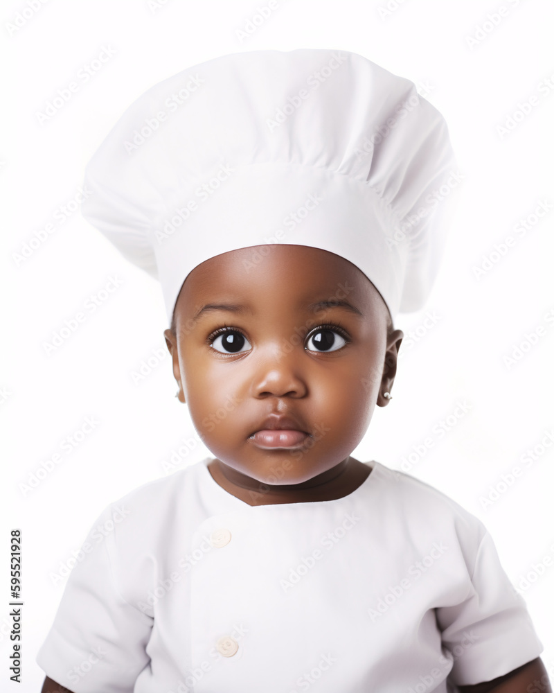 Cute Black, African American Toddler Wearing Chef Hat Against White Background Cute Black, African American Toddler Wearing Chef Hat Against White Background