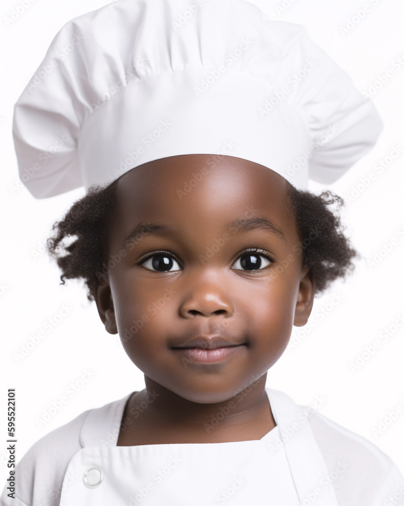 Cute Black, African American Toddler Wearing Chef Hat Against White Background Cute Black, African American Toddler Wearing Chef Hat Against White Background