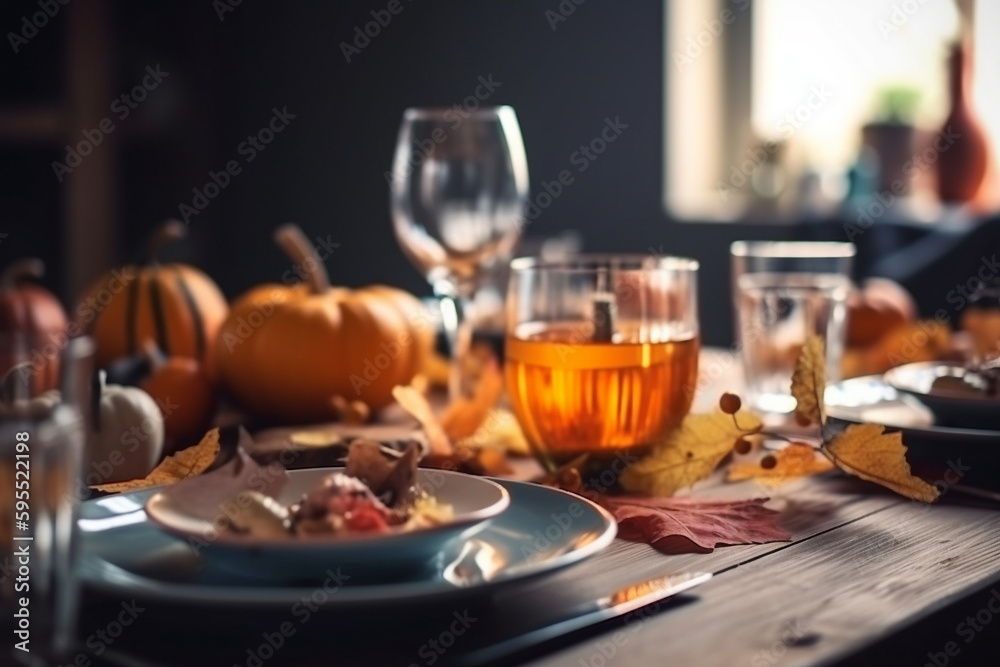 Generative ai. Thanksgiving day dinner with holiday autumn decor and candles