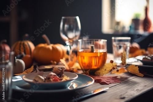 Generative ai. Thanksgiving day dinner with holiday autumn decor and candles