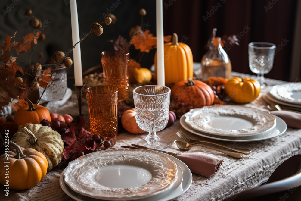 Naklejka premium Generative ai. Thanksgiving day dinner with holiday autumn decor and candles