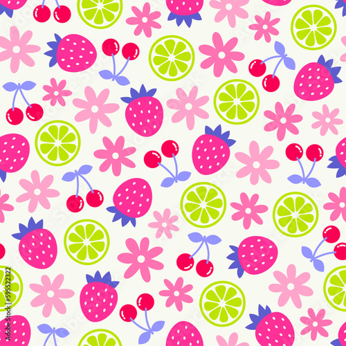 Cute strawberry  cherry  citrus fruit and flower seamless pattern background.