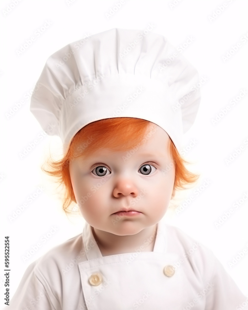 cute red hair, ginger toddler wearing chef hat against white background cute red hair, ginger toddler wearing chef hat against white background