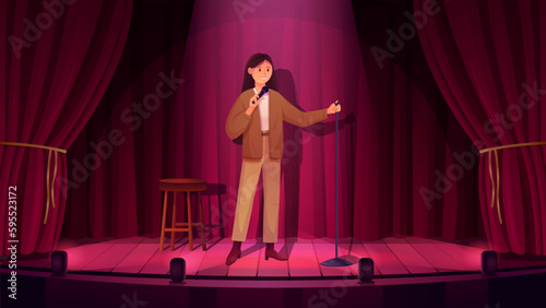 Comedy stand up show with talent female comedian vector illustration. Cartoon young woman standing with microphone on stage with red curtains to tell funny story, standup concert in night club