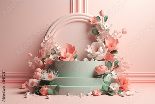3D floral podium for product display on pastel background. Perfect for spring/summer promotions like weddings, Mother's Day & Easter. Generative AI